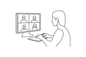 Woman in video conference meeting using computer continuous-line drawing