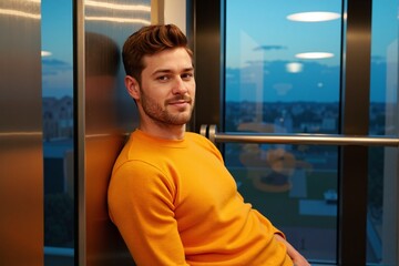 Young man in orange sweater sitting in glass elevator at night, looking at camera with calm expression against backdrop of glowing city lights, enjoying quiet moment