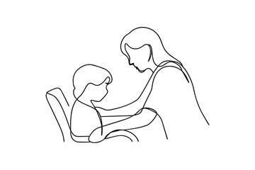 Woman comforting child continuous-line drawing minimalist art