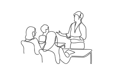 Continuous-line drawing of a teacher presenting to students