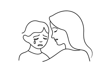 Woman comforting crying child continuous line art illustration