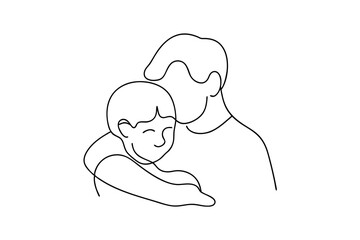 Continuous line drawing of loving embrace father and son