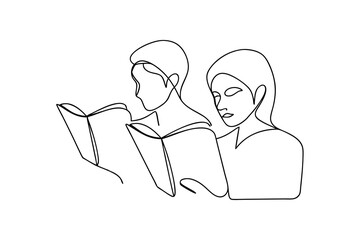 Two people reading books continuous line art minimalist illustration
