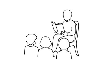 Adult reading book to children continuous-line drawing illustration