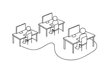 Three people working at computers connected by a continous-line