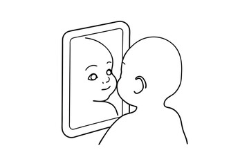 Baby kissing reflection in mirror continuous line art