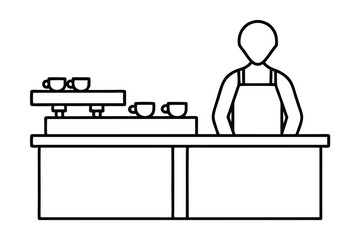 Barista at coffee shop counter continuous line drawing