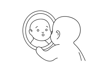 Baby looking at its reflection in a round mirror continuous-line drawing