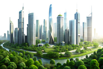 Futuristic City Skyline with Lush Green Landscape and Modern Glass Skyscrapers A I G E N E R A T E D - P N G isolated on a transparent background