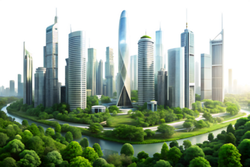 Futuristic City Skyline with Lush Green Landscape and Modern Glass Skyscrapers A I G E N E R A T E D - P N G isolated on a transparent background