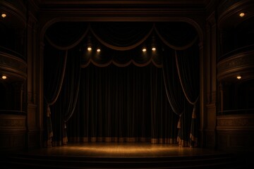 Elegant Theater Stage with Luxurious Black and Gold Velvet Curtains and Dramatic Spotlight