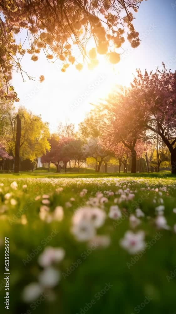 Poster sunlight shining through blossoming trees with flowers on a meadow during spring, creating an atmosp