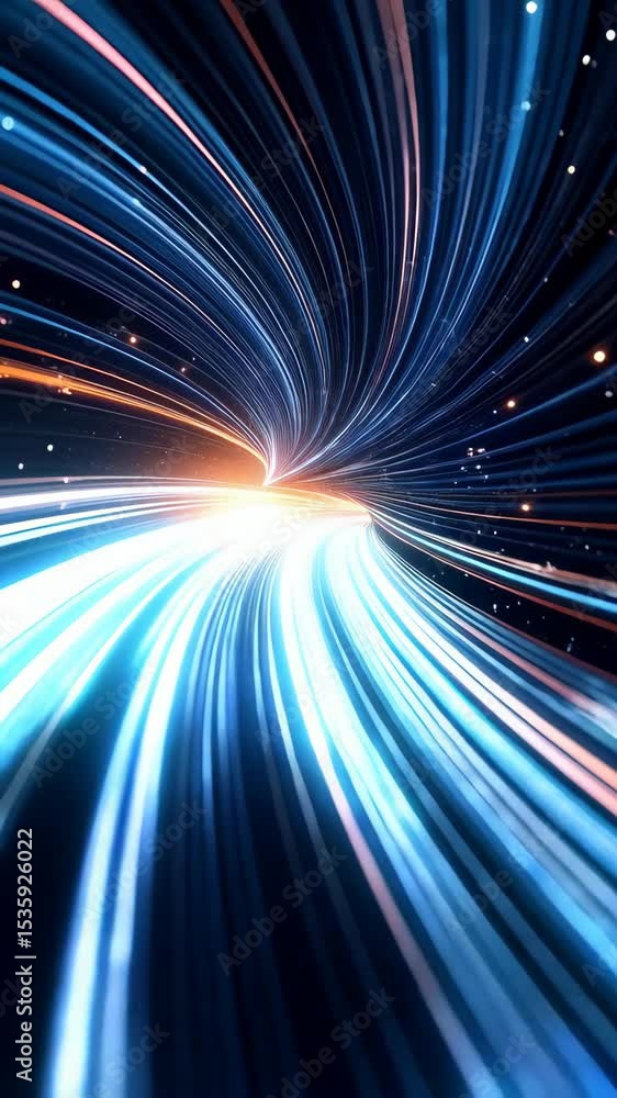 Poster bright light at the end of a tunnel of flowing blue and orange lines creating abstract graphic motio
