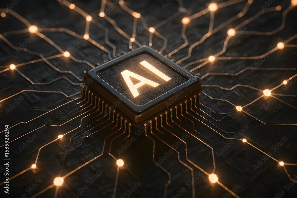 Poster a high-tech digital rendition of an ai chip set against a backdrop of intricate circuits, the glowin