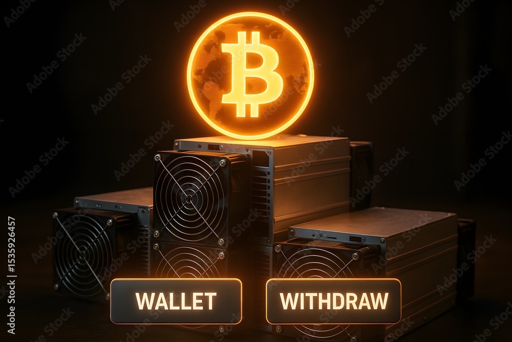 Poster gleaming bitcoin symbol on a pedestal, symbolizing the future of finance, with illuminated wallet an