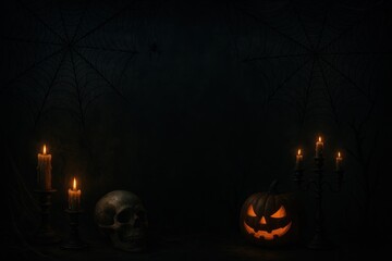 Halloween Spider Web Background with Black Widow and Spooky Gothic Decoration