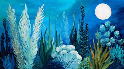 A calming oil painting of a serene, moonlit garden with delicate, luminous brushstrokes that create a sense of tranquility and magic, perfect for art therapy and relaxation.

