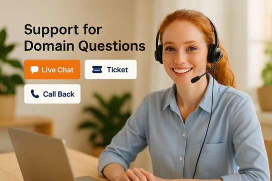 A customer service representative is ready to help the customer. The image features a smiling woman wearing a headset and sitting in front of a laptop. with different options that customer can choose.