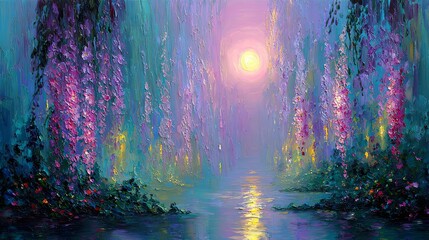 A calming oil painting of a serene, moonlit garden with delicate, luminous brushstrokes that create a sense of tranquility and magic, perfect for art therapy and relaxation.

