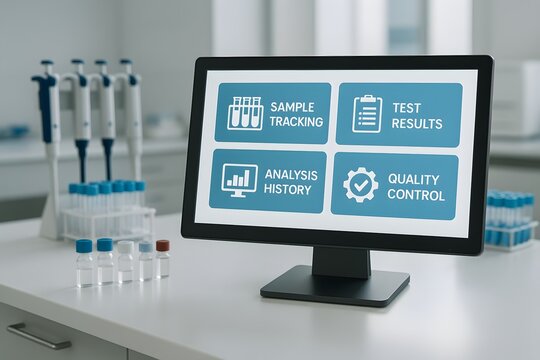 In a modern laboratory, a digital screen displays various analytical options while test tubes, equipment, and the clean environment creates a sense of accuracy. A perfect view for research.