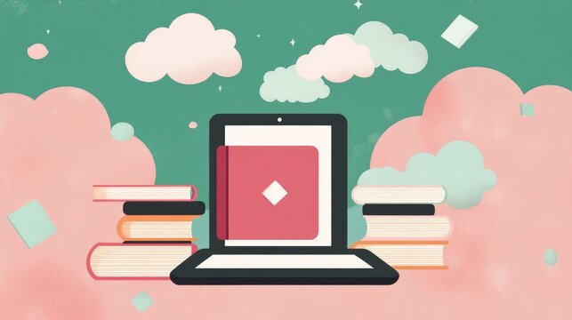 Illustration of remote learning tools with digital tablet, cloud icons, and books floating around - Powered by Adobe