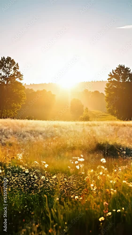 Poster golden hour sun shining over wild flowers and grass in a field, illuminating trees and hills in the 