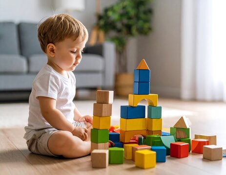 Baby playing with wooden blocks