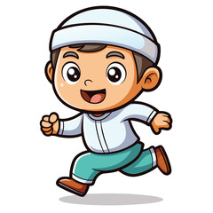 Obraz premium Happy cartoon boy in a white hat and teal pants running