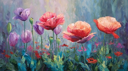 A soothing oil painting of a blooming meadow, with gentle, flowing brushstrokes capturing the vibrancy of nature and its peaceful essence