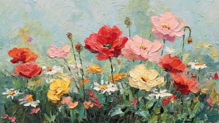 A soothing oil painting of a blooming meadow, with gentle, flowing brushstrokes capturing the vibrancy of nature and its peaceful essence