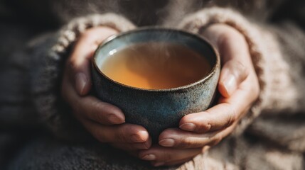 Hands holding warm herbal tea in a ceramic cup