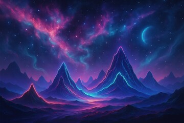 Surreal Neon Space Landscape with Abstract Fantasy Mountains and Cosmic Atmospheric Elements