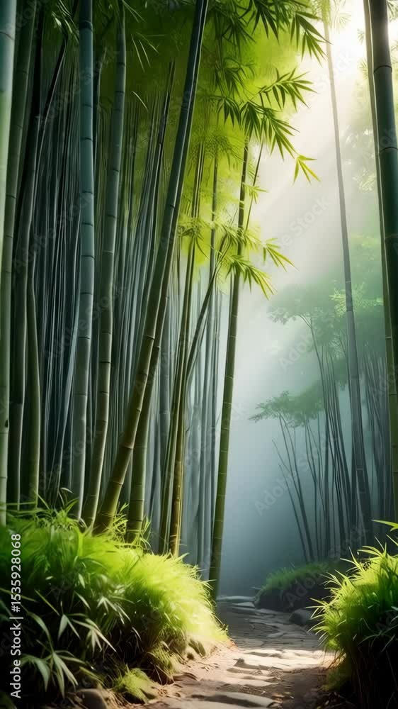 Poster lush bamboo grove with a misty path illuminated by soft sunlight streaming through the dense foliage