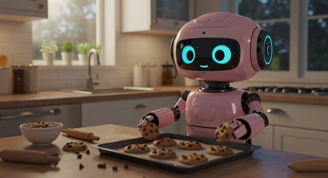 Adorable pink robot baking delicious chocolate chip cookies in modern kitchen 3d cute food home cute