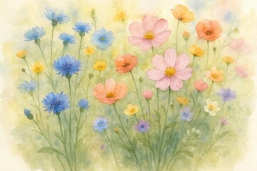 Watercolor Wildflower Garden with Delicate Botanical Painting and Natural Spring Bloom
