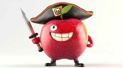 A red apple character, wearing a pirate's hat and wielding a sword, stands confidently