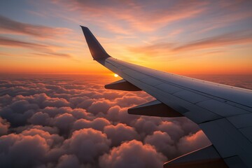 Fototapeta premium Aircraft Wing View Above Clouds During Golden Hour Flight with Travel and Aviation Perspective
