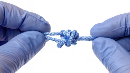 Two hands wearing blue surgical gloves are tying a knot with a blue and white rope against a transparent background, providing a clear and isolated view of the process