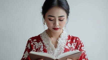 Asian woman in floral red kimono reading book against plain backdrop