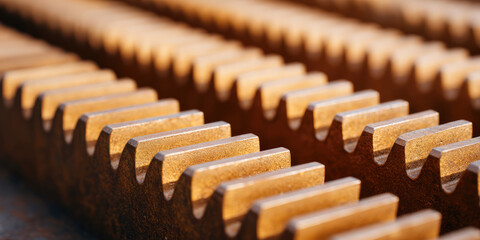 Rows of evenly spaced, rust-colored metal teeth are aligned diagonally. Industrial texture, metal pattern