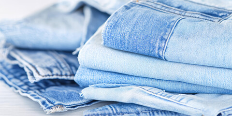 Folded denim jeans stacked in a neat pile. Denim fashion, blue fabric, casual wear