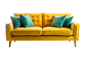 Fototapeta premium Golden Yellow Velvet Couch Two Teal Velvet Pillows Mid Century Modern Style Sofa A I G E N E R A T E D - P N G isolated on a transparent background