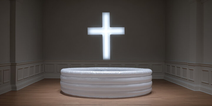 A glowing cross illuminates a circular inflatable pool in a minimalistic room. Concept: juxtaposition, Baptism , spirituality, modernity