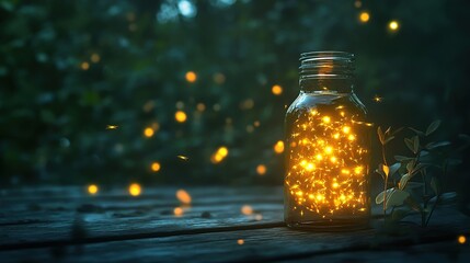 A glass jar, filled with glowing lights, sits on a wooden surface, surrounded by a blurred backdrop of greenery and fireflies