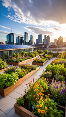 Fototapeta premium Vibrant rooftop garden filled with diverse plants and flowers, showcasing urban sustainability against stunning city skyline at sunset. scene evokes sense of tranquility and connection to nature