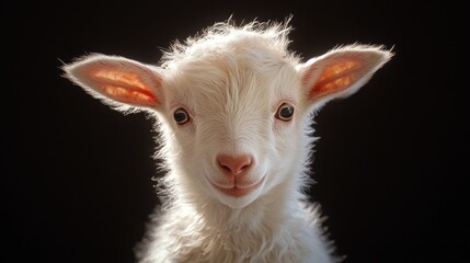 Fototapeta premium Charming close-up of a baby goat with fluffy ears against a dark background, capturing the essence of innocence and nature's beauty