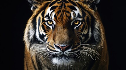 Fototapeta premium Intense gaze of a Bengal tiger captured in ultra realistic detail against a black studio backdrop highlighting dramatic shadows and striking features