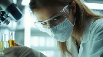 Focused scientist conducting research in a modern laboratory under bright daylight