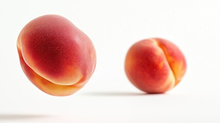 Two fuzzy, ripe apricots, one closer in focus against a white background
