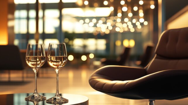 Elegant airport lounge interior showcasing premium seating and exquisite wine glasses, designed for ultimate relaxation and luxury travel experience